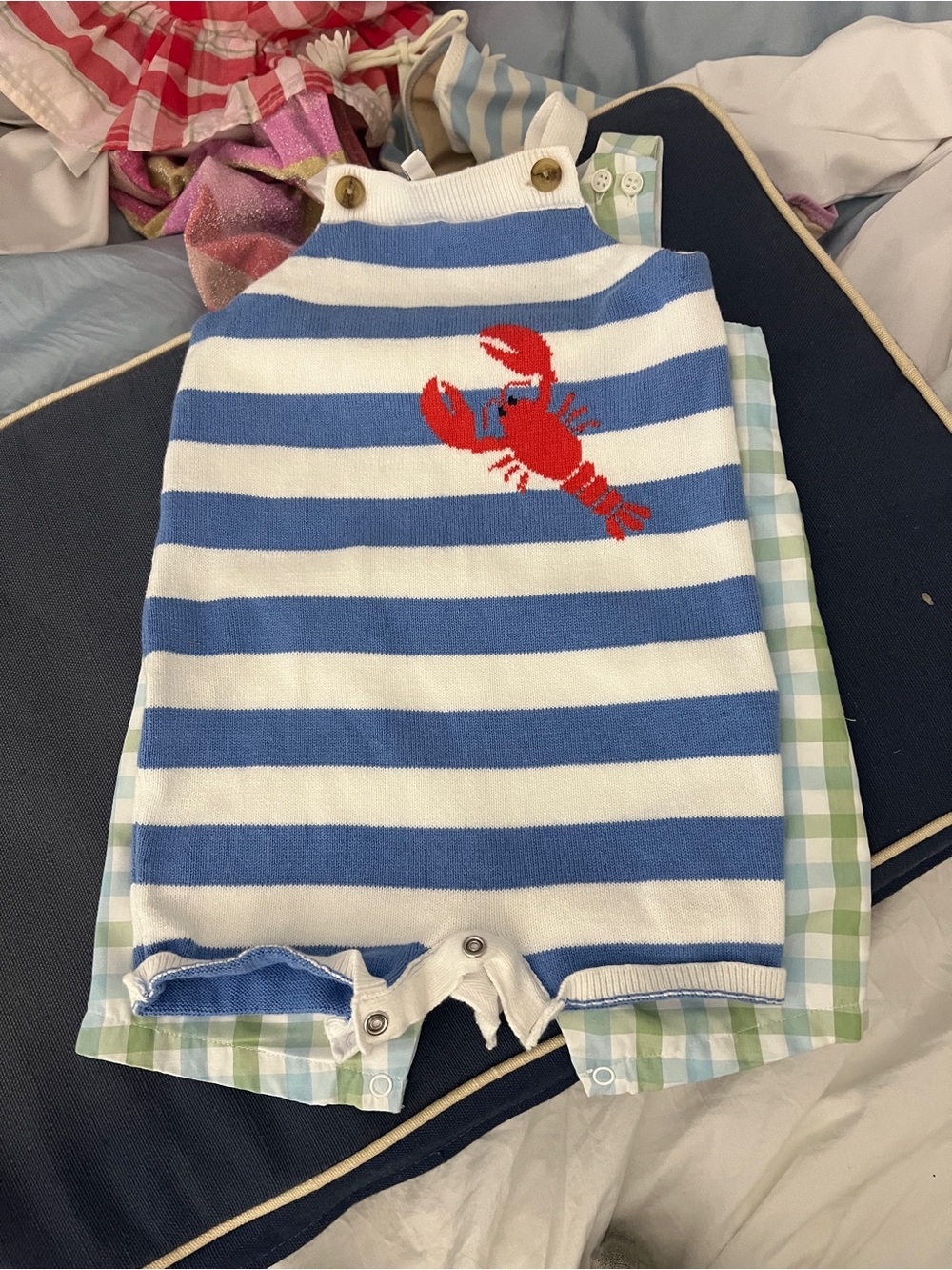 Janie and Jack Blue and White Striped Lobster Knit One-Piece